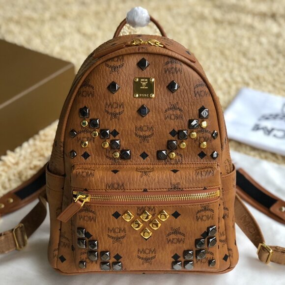 MCM Stark Visetos Studded Backpack Small – Cognac Leather Mini Bag - Picture 1 of 10